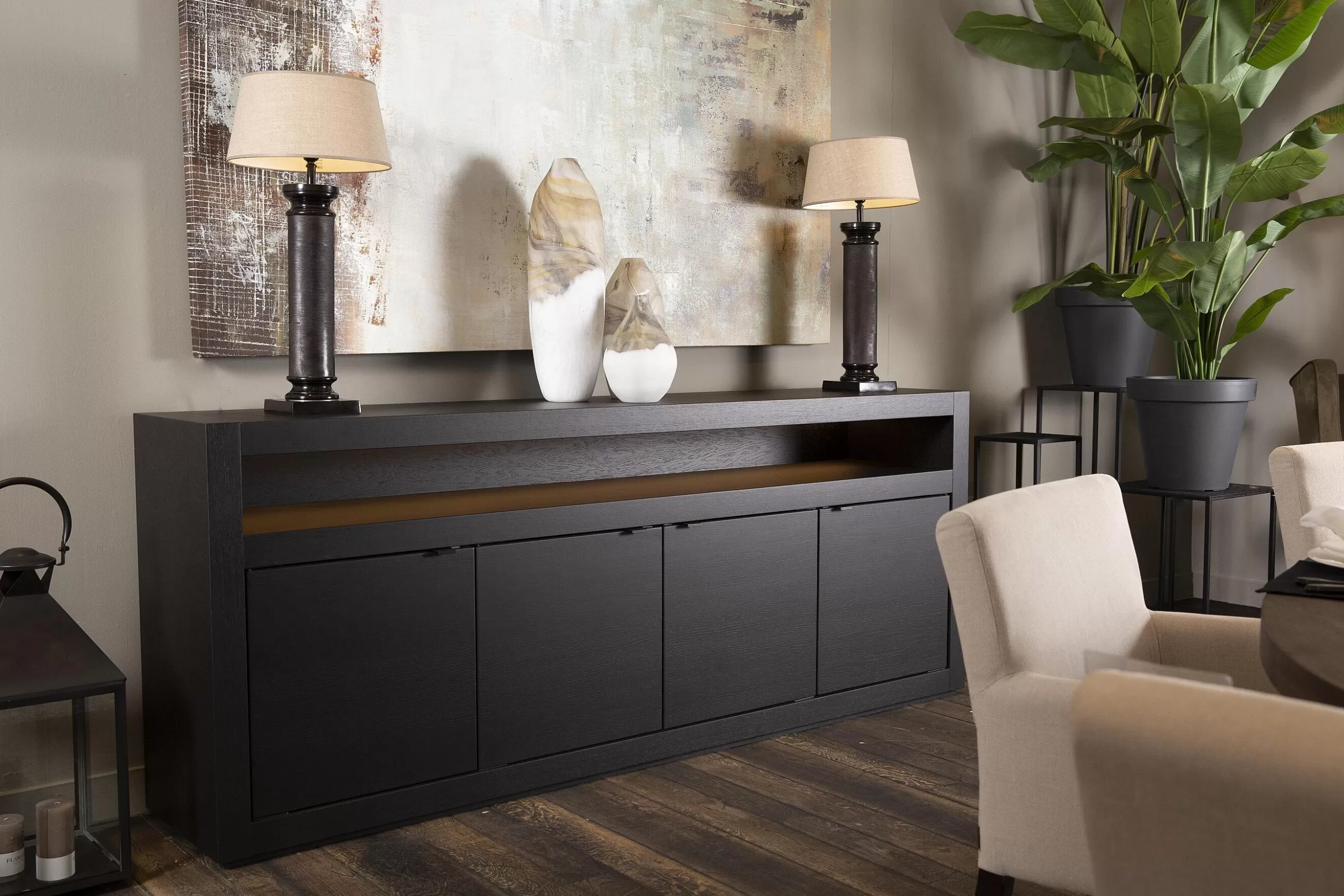 Flamant Bjorn, Buffet, Noir, 4 Portes, Avec Lumieres Led A Intensite Variable- Buffets